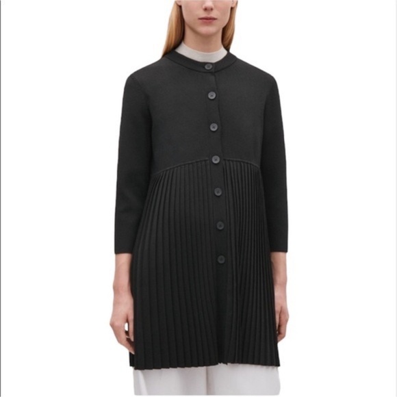 COS Long Pleated Cardigan Black Sweater Button Front Large - Picture 3 of 7